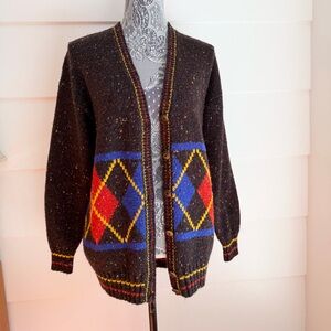 Vintage 80s Cardigan Sweater Argyle Print LizWear Sweater